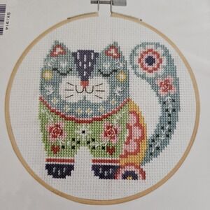 New DMC Cross Stitch Kit Hoop Needle Thread Floss Embroidery 6 Inch Cat Blue